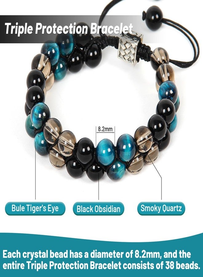 Orientrea Triple Protection Bracelet- Blue Tiger's Eye, Black Obsidian & Smoky Quartz, 8mm Handmade Healing Crystal Bead Bracelets for Luck, Prosperity, Protection & Balance, Gift for Men & Women - Image 2